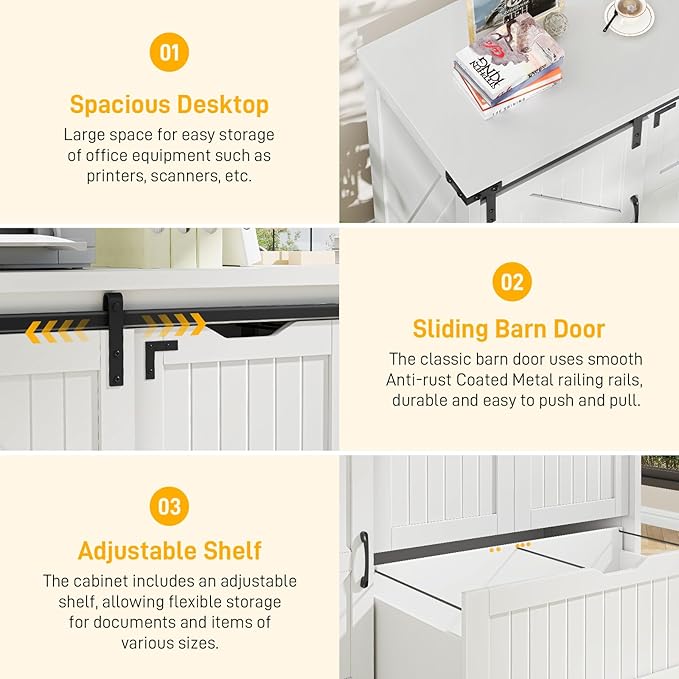 Halitaa 47.8” Farmhouse Lateral File Cabinet with Sliding Barn Door, 3 Drawers Filing Storage Cabinets with Adjustable Shelf, Office Printer Stand for Hanging Files Letter/Legal/A4/F4.Cream White