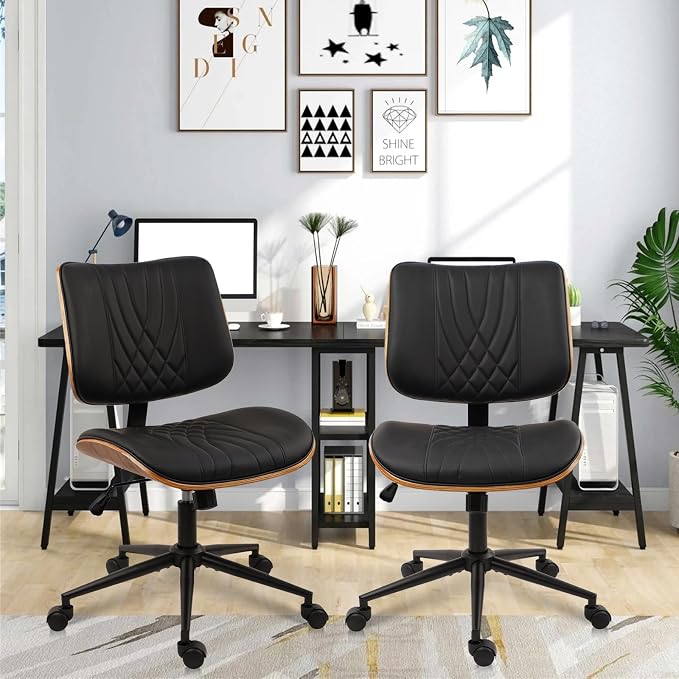 CLATINA Armless Home Office Chair, Desk Chair with Wheels, Adjustable Height Reading Chair, Leather Mid Back & Swivel Computer Chair, Modern Walnut Chairs with Back for Study Meeting Room(Black) 2Pack