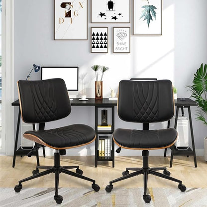 CLATINA Armless Home Office Chair, Desk Chair with Wheels, Adjustable Height Reading Chair, Leather Mid Back & Swivel Computer Chair, Modern Walnut Chairs with Back for Study Meeting Room(Black) 2Pack