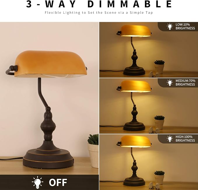 Banker Desk Lamp Touch Control, Vintage Banker's Desk Lamp with USB-A Port, 3 Way Dimmable Desk Lamps, Farmhouse Library Lamp Oil Rubbed Bronze for Office, Study Room