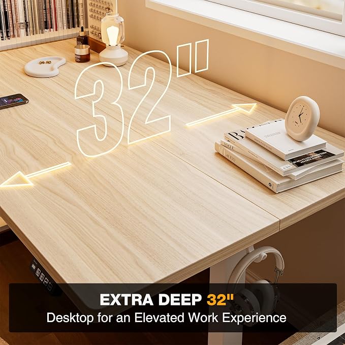 Grandder 63x32 Large Electric Standing Desk, Height Adjustable Computer Desk with 2 Memory Presets, 31.5" Deep Desktop Sit Stand Desk Home Office Desk Workstation Table with Hooks, Light Walnut