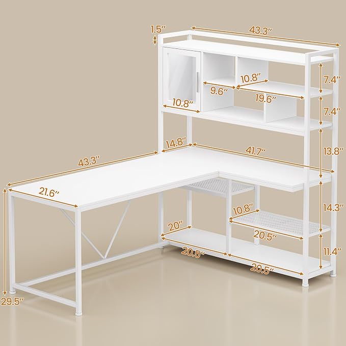SEDETA L Shaped Computer Desk, 58'' Office Desk with LED Light and Bookshelf, L Shaped Corner Desk with Storage Shelves for Home Office, Gaming Desk, L Desk, White