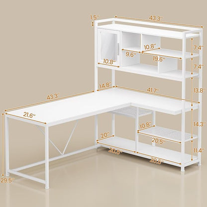 SEDETA L Shaped Computer Desk, 58'' Office Desk with LED Light and Bookshelf, L Shaped Corner Desk with Storage Shelves for Home Office, Gaming Desk, L Desk, White