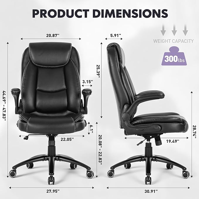 400lbs Capacity Executive Desk Chair with Ergonomic Lumbar Support, Flip-up Arms & High Back Leather Computer Chair for Home/Office, Black