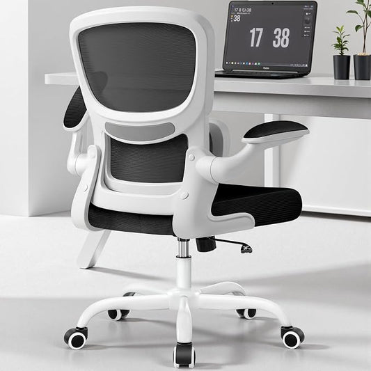 BESTFAIR Ergonomic Mesh Office Chair, Breathable Mesh Computer Desk Chair, Adjustable Lumbar Support, Flip-up Armrests, Executive Swivel Chair for Home Office, White