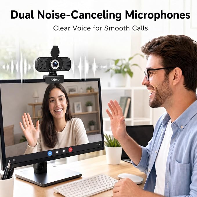 1080P HD Webcam with Dual Mics, Privacy Cover for Video Calls, Zoom | Rotatable Tripod, Auto Light Correction, Noise Canceling, USB Plug & Play, for PC, Streaming, Gaming, Online Meetings