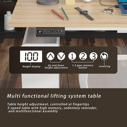 MOUMON L Shaped Standing Desk with Drawers and Shelves, Executive Adjustable Height Desk, L-Shaped Design, 63 inch Tabletop, for Office Oak and White (63”W x 63”D x 28.9-45.3”H)