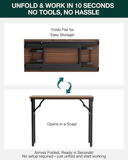 Frylr Small Folding Computer Desk – 35.8 Inch Portable Table for Craft and Study, Lightweight Desk for Small Spaces, Foldable Laptop Table Built-in AC/USB Outlets for Convenience, Dark Walnut