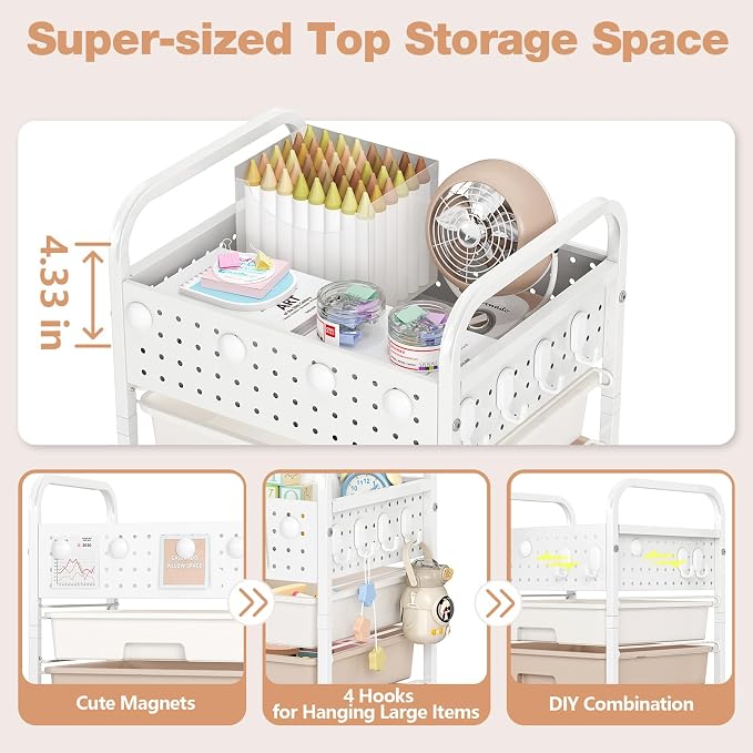 5 Drawer Rolling Storage Cart with Pegboard Top and Hooks, Mobile Organizer Cart with Wheels for Office Supplies, Craft Storage, Classroom Organization, Home Utility Cart, Brown