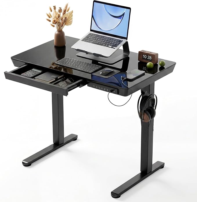 Claiks Small Glass Standing Desk with Drawers & USB Ports, 32 Inch Adjustable Stand Up Desks with Storage, Quick Install One-Piece Computer Desks for Small Space and Home Office, Black