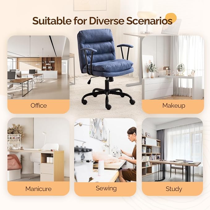 VINGLI Comfortable Office Desk Chairs with/No Wheels,Dual-Base,Removable Armrests,Adjustable Comfy Rolling Swivel Computer Nail Tech Chair for Office,Sewing,Makeup Vanity,Teen,Linen Fabric,Navy Blue