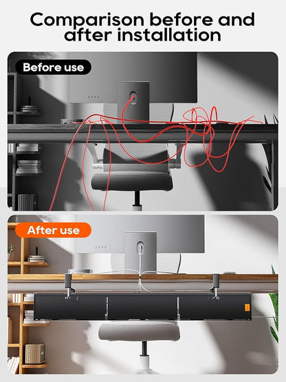 39" No Drill Under Desk Cable Management Tray (Black) | Fire-Resistant Thickened Nylon Material, Clip-on Cord Organizer to Hide Power Strip, Heat Dissipation Mesh Design, for Office
