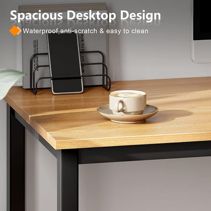 Need Small Desk, 39.4 inches Sturdy Writing Desk for Small Spaces, Teens Computer Desks Study Table Laptop Home Ofice, Black Metal Frame, Teak
