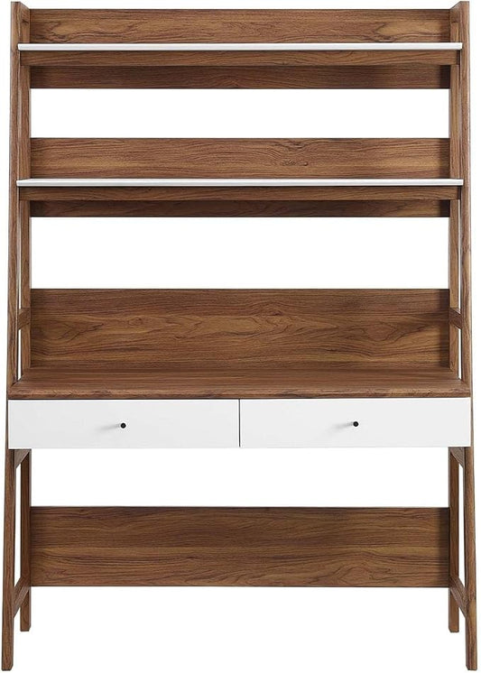 Modway Bixby Home Office Desk with Bookshelf in Walnut White