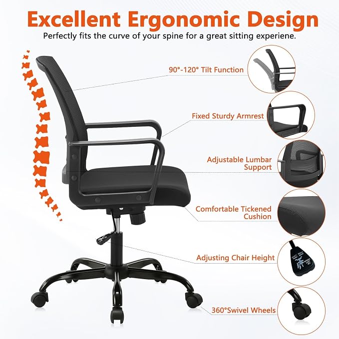CLATINA Ergonomic Rolling Mesh Desk Chair with Executive Lumbar Support and Adjustable Swivel Design for Home Office Computer Black 6 Pack