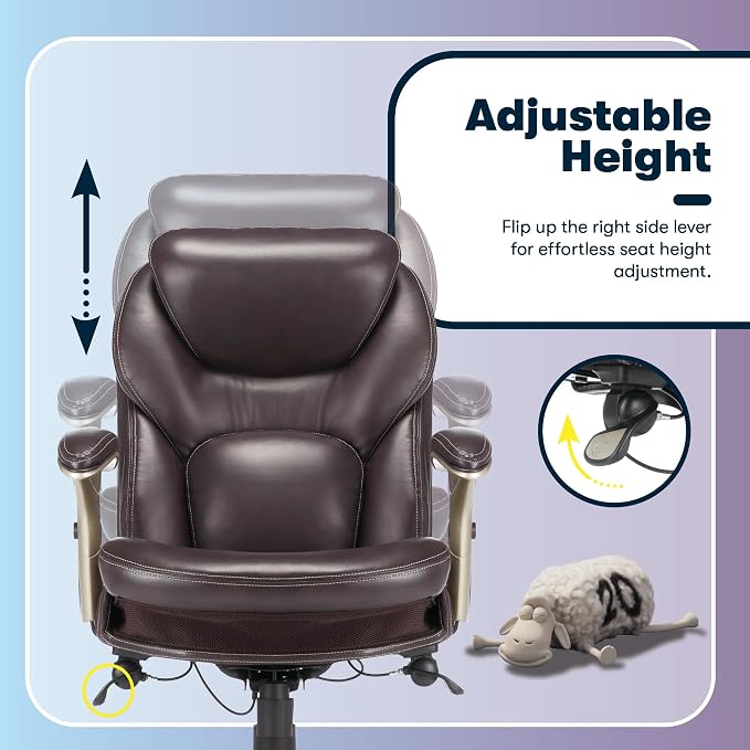 Serta Claremont Executive Office Chair with Back-In-Motion Technology, Ergonomic Mid-Back with Pivot Lumbar Support & Seat, Plush Cushion, Body Pillows, Adjustable Arms, Bonded Leather, Chestnut Brown
