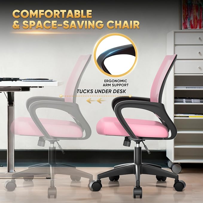 Magshion Ergonomic Office Chair Pack of 2, Mid-Back Mesh Desk Chair, Adjustable Swivel Computer Chair with Lumbar Support & Breathable Backrest for Gaming, Work, Study, 300 Lbs Capacity, Pink