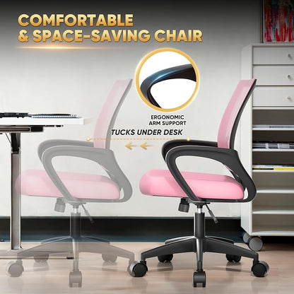 Magshion Ergonomic Office Chair 20 Pack, Mid-Back Mesh Desk Chair, Adjustable Swivel Computer Chair with Lumbar Support & Breathable Backrest for Gaming, Work, Study, 300 Lbs Capacity, Pink