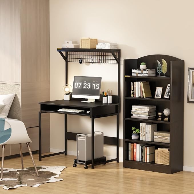 Computer Desk with Hutch and Storage Shelves，31.5 Inch Desk with Keyboard Tray and Metal Mesh Panel, Small Study Writing Workstation Bookshelf for Home Office, Brown