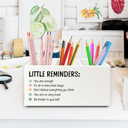 Little Reminders Inspirational Pen Pencil Holder Organizer for Desk, Positive Gifts, Mental Health Motivational Wooden Box Sign for Therapy Counselor Office Classroom Desk Tabletop Decorations
