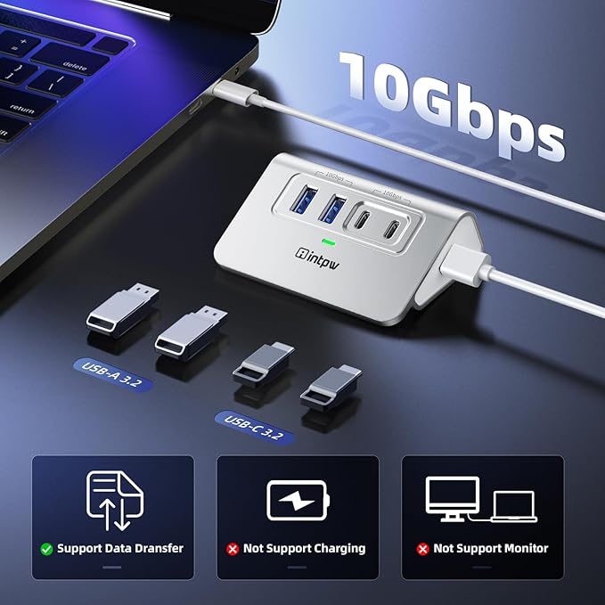 Intpw USB 3.2 Hub,Aluminum 4 Port USB Splitter 10Gbps with 2 USB C/USB A 3.2 Data Ports, 3.3ft Cable, USB HUB for PC/Laptop/Xbox/FlashDrive/Printer/Camera/Keyborad/Mouse