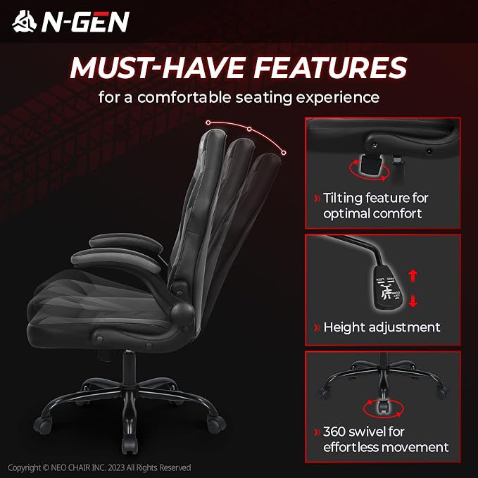 N-GEN Video Gaming Chair Ergonomic Computer Desk Office Chair with Lumbar Support Adjustable Height Swivel Wheels Flip-Up Arms PU Leather Home and Office (Grey)