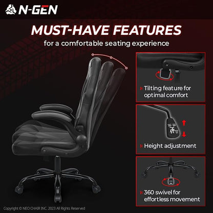 N-GEN Video Gaming Chair Ergonomic Computer Desk Office Chair with Lumbar Support Adjustable Height Swivel Wheels Flip-Up Arms PU Leather Home and Office (Grey)