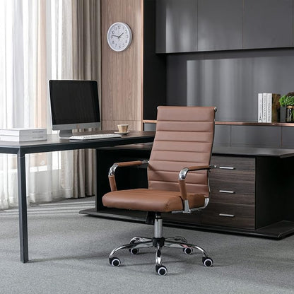 Home Office Chair Ribbed, Modern Leather Conference Room Chairs, Ergonomic Office Desk Chair, High Back Executive Computer Chair, Adjustable Swivel Chair with Arms (Brown)