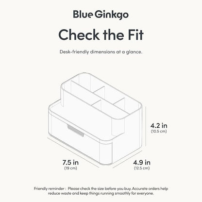 BLUE GINKGO Compact Desk Organizer – Small 5-Compartment, Half Drawer Storage – Pen Holder, Stationery Organizer for Desktop, Vanity, Shelf (Made in Korea, Transperent)