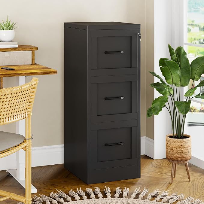 Small Metal 3-Drawer File Cabinet, Under-Desk Filing Cabinet, Black | Locking, Adjustable Hanging Rail, Fit A4, FC, Letter, Hanging File Folders for Home Office Storage Organization, 1PS