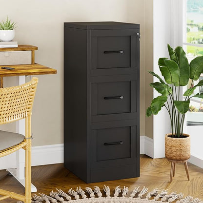 Small Metal 3-Drawer File Cabinet, Under-Desk Filing Cabinet, Black | Locking, Adjustable Hanging Rail, Fit A4, FC, Letter, Hanging File Folders for Home Office Storage Organization, 1PS