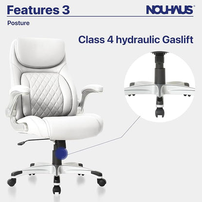Nouhaus +Posture Ergonomic PU Leather Office Chair. Click5 Lumbar Support with FlipAdjust Armrests. Modern Executive Chair and Computer Desk Chair (White)