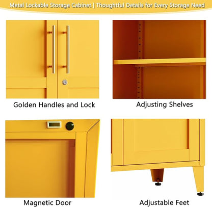 Metal Storage Cabinet with Lock,Yellow Steel Tool Cabinet with 3 Adjustable Shelves,61 Tall Freestanding Heavy Duty Garage Locker for Home Office Kitchen 61" H X 27.6" W X 13.8" D
