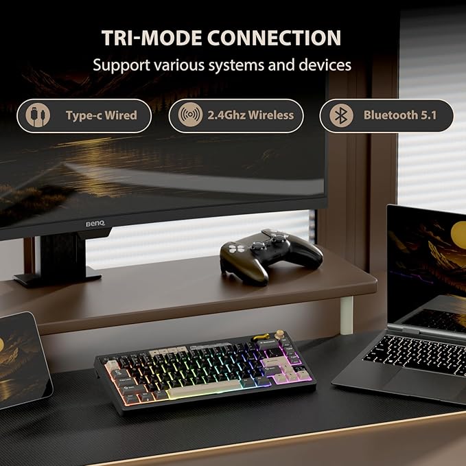 RK ROYAL KLUDGE M65 Wireless Gaming Keyboard with Volume Knob, 60% Hot Swappable Mechanical Keyboard 2.4G/BT/USB-C, Gasket Mount, Battery Display, PBT Keycaps, Hot-Swappable Cream Switch, Black