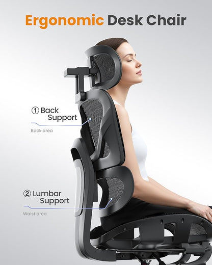 naspaluro Ergonomic Office Chair, High Back Desk Chair with Adaptive Lumbar Support & 3D Wide Headrest, 3D Armrests, Footrest, Swivel Computer Chair for Home Office, Work & Gaming