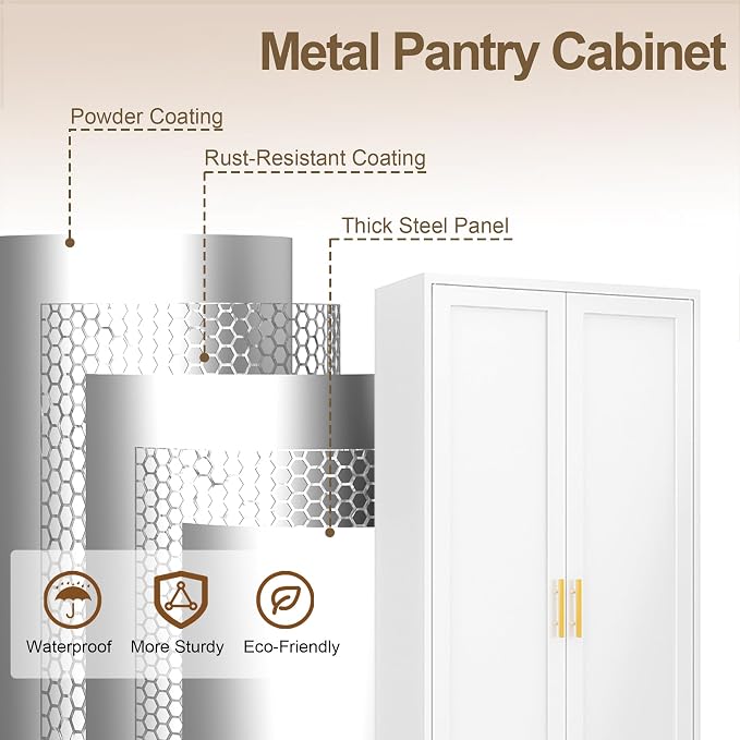 71" H Metal Storage Cabinet, Tall Storage Cabinet with Doors & 4 Adjustable Shelves, White Pantry Cabinet for Kitchen, Dining Room & Living Room