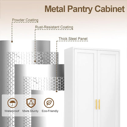 71" H Metal Storage Cabinet, Tall Storage Cabinet with Doors & 4 Adjustable Shelves, White Pantry Cabinet for Kitchen, Dining Room & Living Room