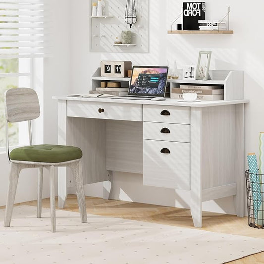 48" Computer Desk with 4 Storage Drawers and Hutch Wood Executive Table for PC Laptop