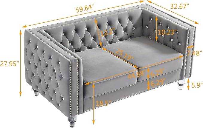 mikibama Velvet Loveseat with Buttons and Square Arms 59 Inch Tufted Sofa with Trimmed Nailhead and Metal Legs Loveseat Couch for Living Room, Bedroom (Grey-Crystal Legs, Loveseat)