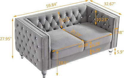 mikibama Velvet Loveseat with Buttons and Square Arms 59 Inch Tufted Sofa with Trimmed Nailhead and Metal Legs Loveseat Couch for Living Room, Bedroom (Grey-Crystal Legs, Loveseat)