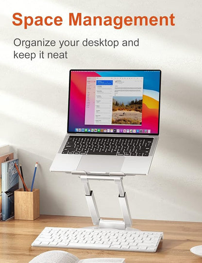 tounee Telescopic Laptop Stand for Desk with 360° Swivel Base, Sit to Stand, Height Adjustable, Portable Riser Holder for Good Posture, Compatible with All Laptops 10-17"-Silver