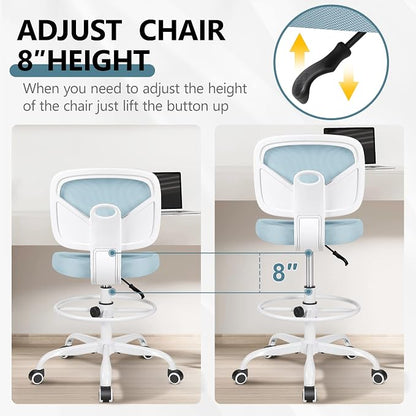 Primy Tall Drafting Desk Chair - Armless, Adjustable Height, Mesh Back, Rolling, Standing Desk Chair for Art Room, Office or Home (Light Blue)