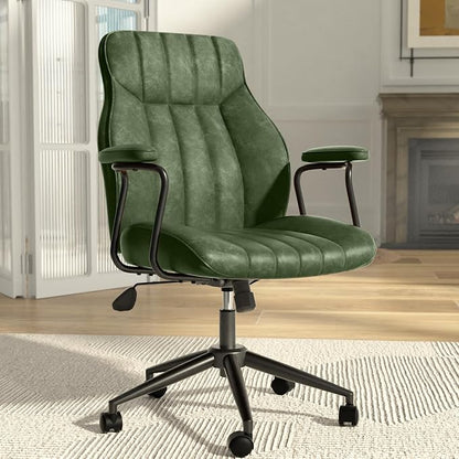Green Leather Office Chair, Mid Century Home Office Desk Chair | Ergonomic Curve Design, Removable Padded Arms, Height Adjustable Swivel Seat & Smooth Wheels, Vintage Mid-Back Computer Chair