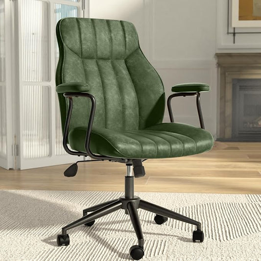Green Leather Office Chair, Mid Century Home Office Desk Chair | Ergonomic Curve Design, Removable Padded Arms, Height Adjustable Swivel Seat & Smooth Wheels, Vintage Mid-Back Computer Chair
