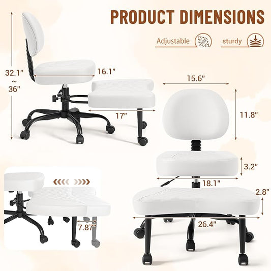Homall Ergonomic Cross Legged Office Desk Chair with Wheels, 360° Swivel and Adjustable Height for Meditation and ADHD,Criss Cross Kneeling Chair with Lumbar Support (Leather, White)