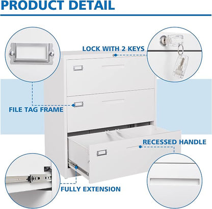 BYNSOE Lateral File Cabinet 3 Drawer,Metal Storage File Cabinet with Lock,Steel Lateral File Cabinet for Legal/Letter A4 Size,Wide File Cabinet for Office Home,Assembly Required