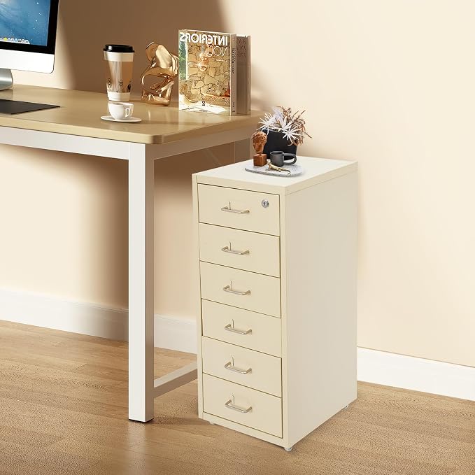 Vertical File Cabinet, 6 Drawers Rolling File Organizer Cabinets with Lock, Heavy Duty Metal Storage Cabinet, Movable Under Desk Filing Cabinet for Office, Study, Dresser (Beige)