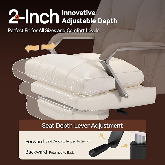 OKUP M76 160° Reclining Executive Office Chair with Footrest, Adjustable Seat Depth Leather Office Chair, 8" Thick Sofa-Like Cushion, 420 lb Reinforced High Back Desk Chair for Home Office, Cream