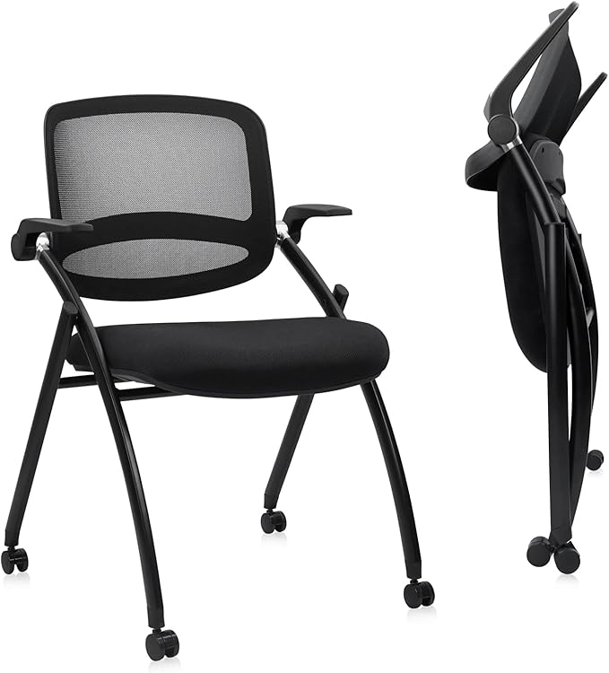 CLATINA Stackable & Foldable Conference Chair with Wheels, Ergonomic Mesh Back, 300lbs Capacity, Breathable Padded Seat, Adjustable Armrests, Office Chair for Reception, Training, Home, Black, 2PK