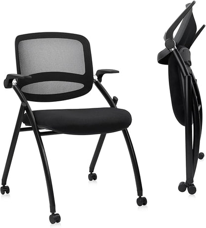 CLATINA Stackable & Foldable Conference Chair with Wheels, Ergonomic Mesh Back, 300lbs Capacity, Breathable Padded Seat, Adjustable Armrests, Office Chair for Reception, Training, Home, Black, 2PK